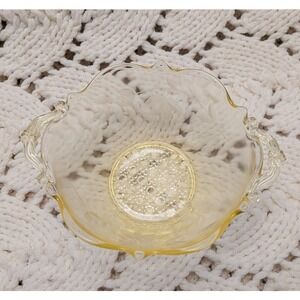 Vintage Lancaster Yellow Uranium Glass Bowl Etched Leaf Pattern Double Handle